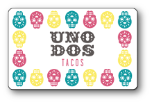 Uno Dos logo over white background with multicolored skulls on border